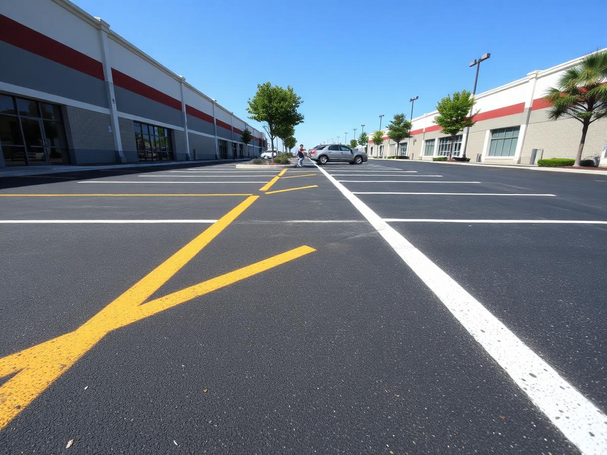 Freshly paved commercial parking lot with new line striping