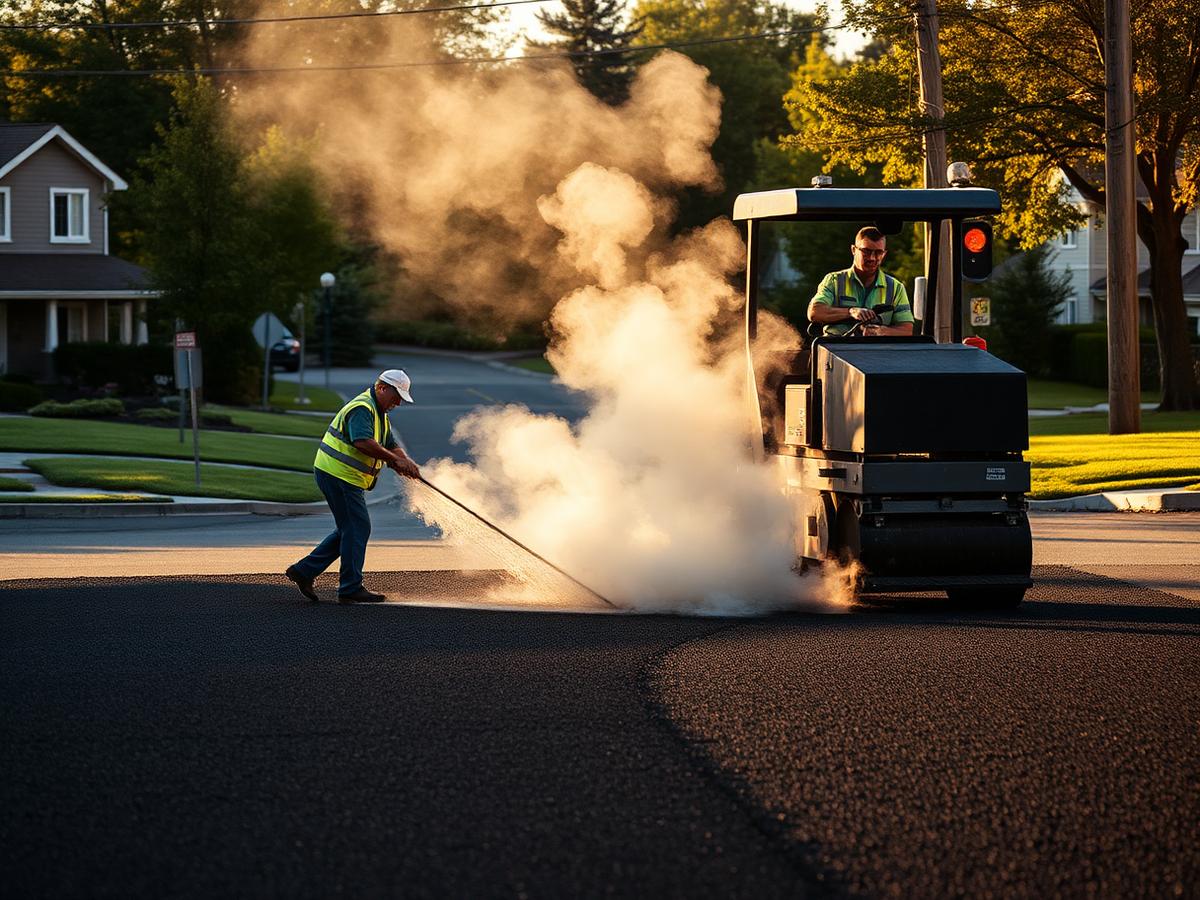 Asphalt paving crew laying and compacting hot asphalt on a residential street