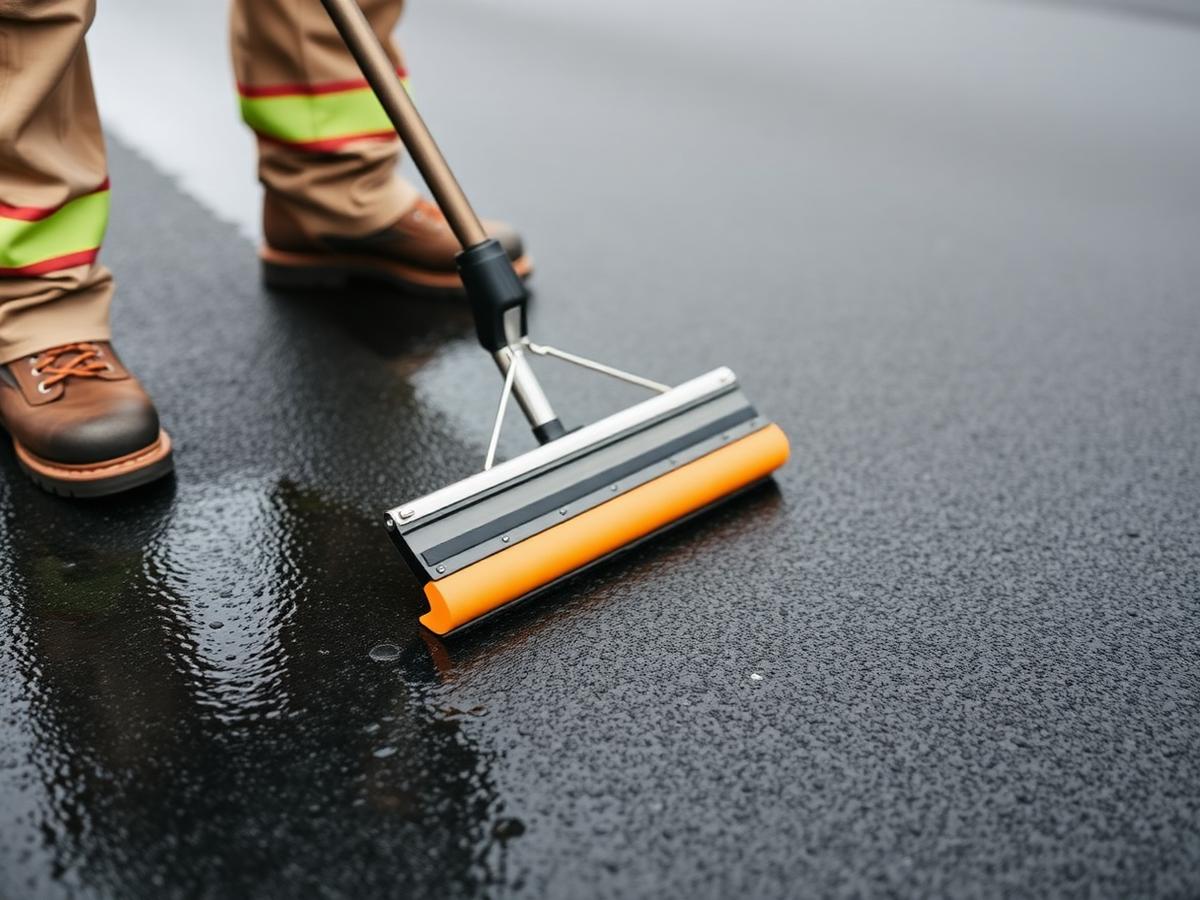 Worker applying black seal coat to an asphalt surface with a squeegee